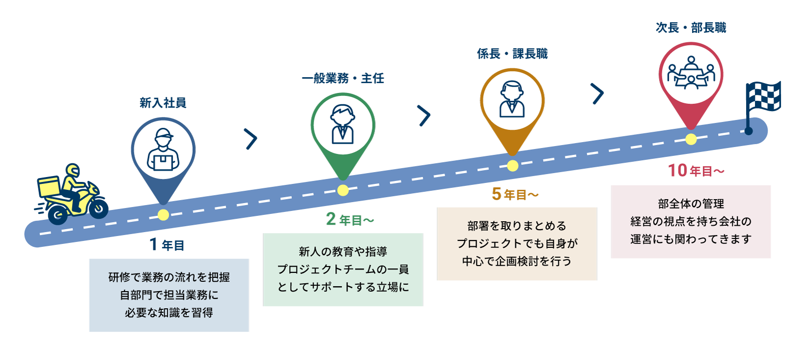 キャリアステップ：1年目 新入社員、2年目〜 一般業務・主任、5年目〜 係長職・課長職、10年目〜 次長・部長職